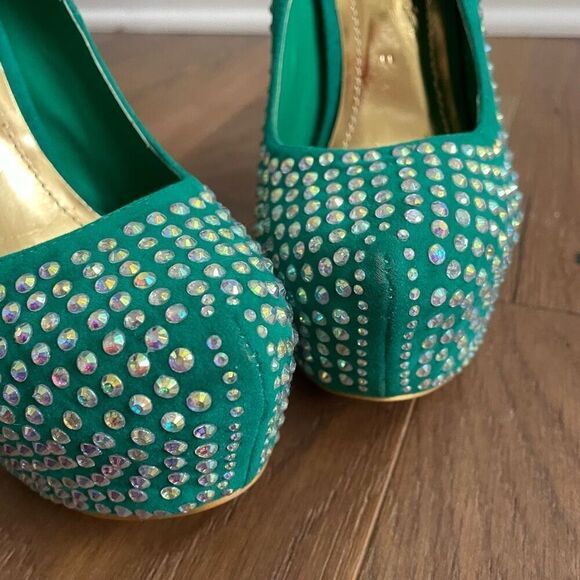 Alba Green Iridescent Rhinestone Bling Stiletto Platform Pleaser Heels 7.5 - Picture 4 of 10
